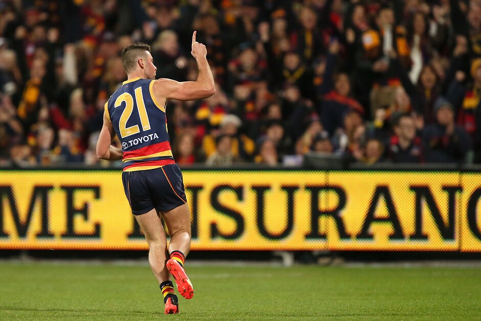 AFL 2016 Rd 23 - Adelaide v West Coast ADELAIDE, AUSTRALIA - AUGUST 26: Rory Atkins of the Crows celebrates a goal during the 2016 AFL Round 23 match between the Adelaide Crows and the West Coast Eagles at Adelaide Oval on August 26, 2016 in Adelaide, Australia. (Photo by James Elsby/AFL Media)